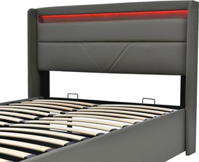 Pat dublu cu ladă de depozitare, cu LED și telecomandă, structură tapițată 140x200 cm, Gri