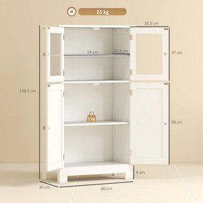 kleankin Mobile Bagno con 2 Armadietti e Ante in Vetro, Mobiletto Bagno Salvaspazio con Ripiano Regolabile, Armadietto da Terra per Sala da Pranzo, Salotto, Soggiorno, Cucina, 60x30x108.5 cm, Bianco | Aosom Romania
