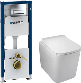 Pachet vas wc suspendat rimless Balneo Luga, capac softclose, rezervor incastrat si clapeta Geberit Dufix Delta crom