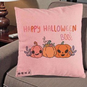 Perna Decorativa Happy Halloween Boo Trei Dovlecei Kawaii, 40x40 cm, Roz, Husa Detasabila, Perna Inclusa, BEKZ®