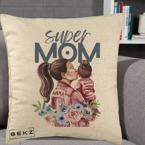 Cadou pentru Mama - Perna Personalizata Super Mom Mama cu Bebelusul, 40x40 cm, Bej, Husa Detasabila, Perna Inclusa, BEKZ®