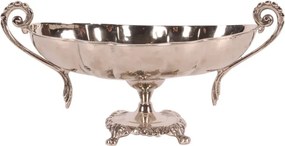 Bol de servire oval din alamă lucrată manual, argintiu, pe picior, cu două mânere, fructieră și centru de masă, 15 x 34 x 16 cm, „Sheffield”
