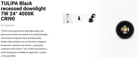 Spot LED incastrabil TULIPA Black recessed downlight 7W 24° 4000K CRI90