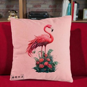 Perna Decorativa Flamingo cu Trandafiri Tropicali, 40x40 cm, Roz, Husa Detasabila, Perna Inclusa, BEKZ®