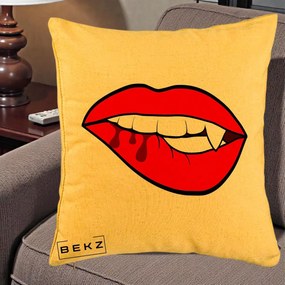 Perna Decorativa Vampire Lips Halloween, 40x40 cm, Galben, Husa Detasabila, Perna Inclusa, BEKZ®