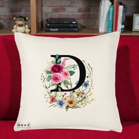Cadou Personalizat - Perna Personalizata Monogram Litera D cu Flori Acuarela, 40x40 cm, Crem Reliefat, Husa Detasabila, Perna Inclusa, BEKZ®