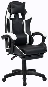 Scaun gaming, masaj în perna lombară, suport picioare, PU, Negru/Alb