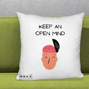 Perna Decorativa Keep An Open Mind, 40x40 cm, Alb Pufos, Husa Detasabila, Perna Inclusa, BEKZ®
