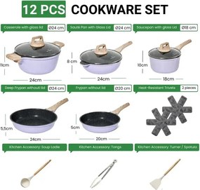 Set de oale si tigai Just Perfecto JL-34, 13 piese, Aluminiu, Acoperire din marmura, Capace din sticla cu orificiu pentru abur, Fara PTFE si PFOA, Inductie, Violet/bej