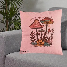 Perna Decorativa Ciuperci Boho Multicolore, 40x40 cm, Roz, Husa Detasabila, Perna Inclusa, BEKZ®