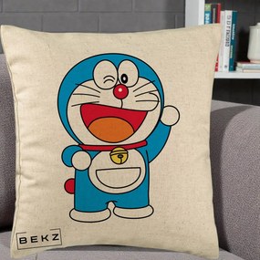 Perna Personalizata Doraemon Salutand, 40x40 cm, Bej, Husa Detasabila, Perna Inclusa, BEKZ®