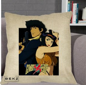 Perna Personalizata Cowboy Bebop Spike si Faye Poster, 40x40 cm, Crem, Husa Detasabila, Perna Inclusa, BEKZ®
