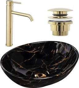 Set lavoar pe blat Rea Sofia negru marmura + baterie Lungo + ventil Click-Clack universal