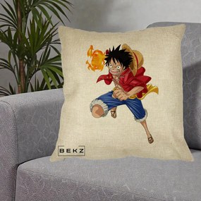Perna Personalizata One Piece Luffy Gear Second Foc, 40x40 cm, Crem, Husa Detasabila, Perna Inclusa, BEKZ®