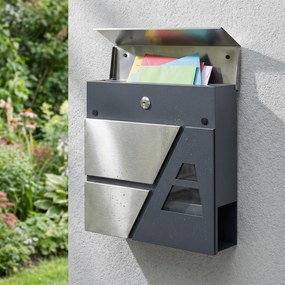 HOMCOM Cutie poștală montare pe perete, rezistentă la intemperii, cu suport pentru ziare și 2 chei pentru perete exterior, gri închis | Aosom Romania