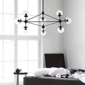 Lustra neagra cu 10 surse de lumina, globuri de sticla transparenta Bao