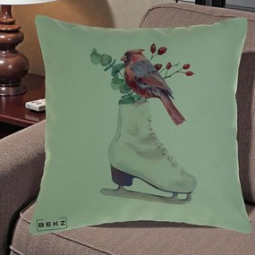 Perna Decorativa Cardinal Rosu pe Patina de Gheata, 40x40 cm, Verde, Husa Detasabila, Perna Inclusa, BEKZ®