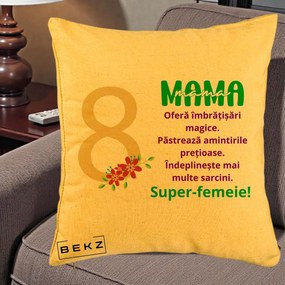Cadou pentru Mama - Perna Personalizata Mama Super-Femeie cu Cifra 8 si Flori 8 Martie, 40x40 cm, Galben, Husa Detasabila, Perna Inclusa, BEKZ®