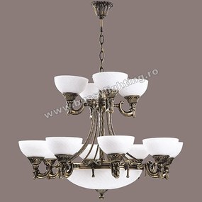 Candelabru Omega cu 12 Brate, Desing Clasic, Finisaj Bronz Antic, Abajur Alb - Bussy Lighting 3035-52-12B