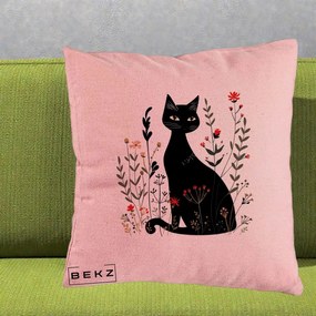 Perna Decorativa Pisica Neagra Botanica Rosu-Gri, 40x40 cm, Roz, Husa Detasabila, Perna Inclusa, BEKZ®