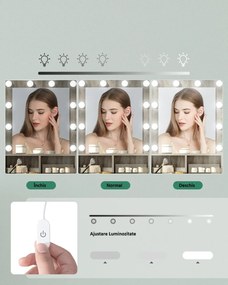 Masuta machiaj cu Oglinda LED si 1 Sertar pentru Cosmetice, Set Masa toaleta 80 cm, Alb / Negru / Gri, masuta cosmetica, vanity - SEG19