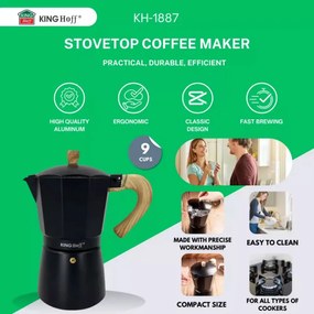 Cafetiera moka Kinghoff KH 1887, 9 cesti, 450 ml, Aluminiu, Inductie, Negru