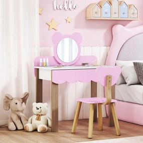 AIYAPLAY Set Masuta Cosmetica cu Scaunel pentru Copii, Oglinda de Machiaj, Forma Ursulet, Sertar, MDF, Roz | Aosom Romania