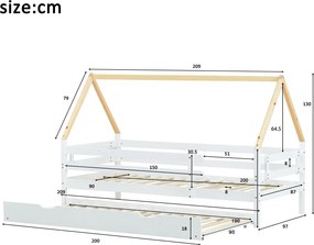 Pat tip căsuță cu pat extensibil și roți, fără saltea, din lemn, 90x200 &amp; 90x190 cm, Alb