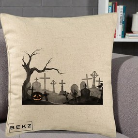 Perna Decorativa Halloween Cimitir Acuarela cu Dovleac, 40x40 cm, Bej, Husa Detasabila, Perna Inclusa, BEKZ®