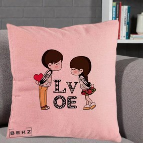 Cadou Romantic - Perna Personalizata Cuplu Kawaii LOVE, 40x40 cm, Roz, Husa Detasabila, Perna Inclusa, BEKZ®