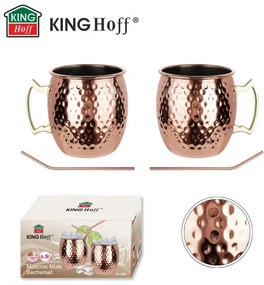Set de pahare pentru Moscow Mule Kinghoff KH 2000, 2 buc, 500ml, 2 paie, oțel inoxidabil, cupru