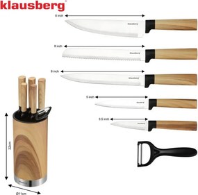 Set de cuțite de bucătărie Klausberg KB 9036, 7 piese, oțel inoxidabil, aspect de lemn, suport, maro