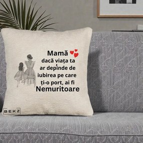 Cadou pentru Mama - Perna Personalizata Mama Nemuritoare Line Art, 40x40 cm, Bej Canapea, Husa Detasabila, Perna Inclusa, BEKZ®