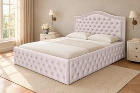 Pat tapițat Chesterfield din catifea Solaria Deluxe Cristal 180×200 cm, crem, cu ladă de depozitare