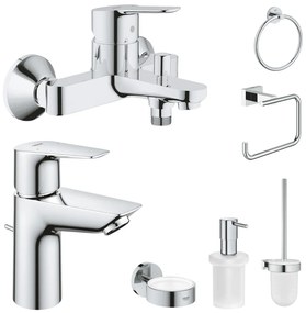 Set baterie cada si baterie lavoar Grohe BauEdge cu accesorii baie Grohe Essentials, crom lucios