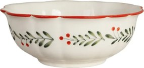 Bol din ceramică artizanală albă cu motiv de Crăciun pictat manual, frunze și fructe roșii, margini ondulate, 18 × 7,5 cm, „Esther Lingonberry"