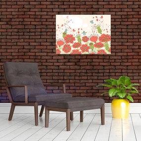 Tablou pe sticlă - Păsări pe o pajiște înflorită (70x50 cm)