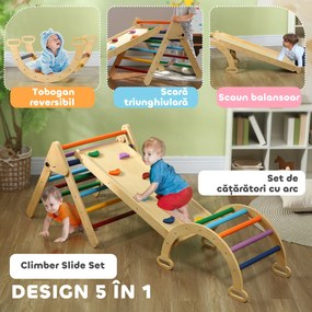 AIYAPLAY Set de Cățărat 5 în 1 cu Triunghi Montessori, Arcadă și Rampă cu Pietre, 178x64,5x63 cm, Multicolor | Aosom Romania