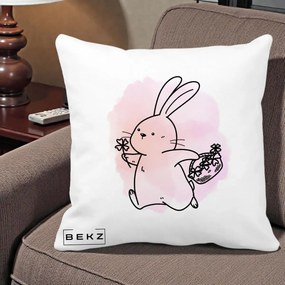 Perna Decorativa Iepuras Kawaii cu Cosulet Floral, 40x40 cm, Alba Mata, Husa Detasabila, Perna Inclusa, BEKZ®