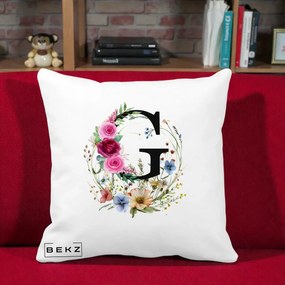Cadou Personalizat - Perna Personalizata Monogram Litera G cu Flori Acuarela, 40x40 cm, Alba Mata, Husa Detasabila, Perna Inclusa, BEKZ®