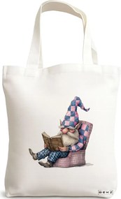 Sacosa de Panza pentru Cumparaturi, Geanta Tote, model The Bookish Gnome 14 38 x 34.5 cm, Alba, BEKZ®