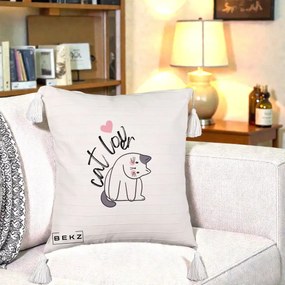 Perna Personalizata Cat Lover Pisica Ilustratie Linie, 40x40 cm, Bej cu Franjuri, Husa Detasabila, Perna Inclusa, BEKZ®