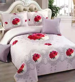 Cuvertura de pat si 4 fete de perna, catifea, pat 2 persoane, roz pudra / rosu, E300-14