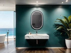 Oglinda baie, Multifuncțională, Iluminare LED 3 culori, Ceas încorporat, Sistem Dezaburire, Rama Negru, 45x90 cm