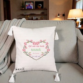 Cadou pentru Mama - Perna Personalizata Esti Cea mai Buna Mama din Lume La Multi Ani cu Inima Florala, 40x40 cm, Bej cu Franjuri, Husa Detasabila, Perna Inclusa, BEKZ®