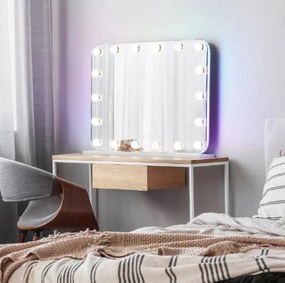 RESIGILAT- Oglindă cosmetică HOLLYWOOD, 18 becuri LED RGB Multicolor, 3 moduri iluminare 60x50 cm