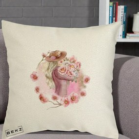 Perna Decorativa Femeie cu Flori Roz Acuarela, 40x40 cm, Ecru, Husa Detasabila, Perna Inclusa, BEKZ®