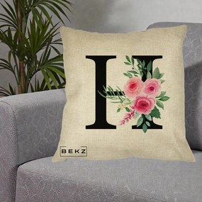 Cadou Personalizat - Perna Personalizata Monograma Florala Litera H cu Trandafiri Roz, 40x40 cm, Crem, Husa Detasabila, Perna Inclusa, BEKZ®