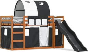 vidaXL Pat supraetajat cu tobogan și perdele, alb și negru, 90x200 cm