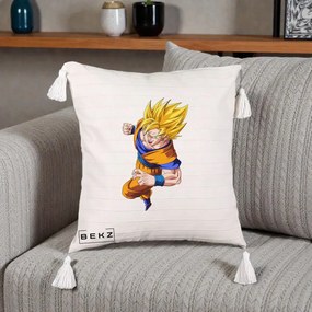 Perna Personalizata Dragon Ball Goku Super Saiyan 2 Lupta, 40x40 cm, Bej cu Franjuri, Husa Detasabila, Perna Inclusa, BEKZ®